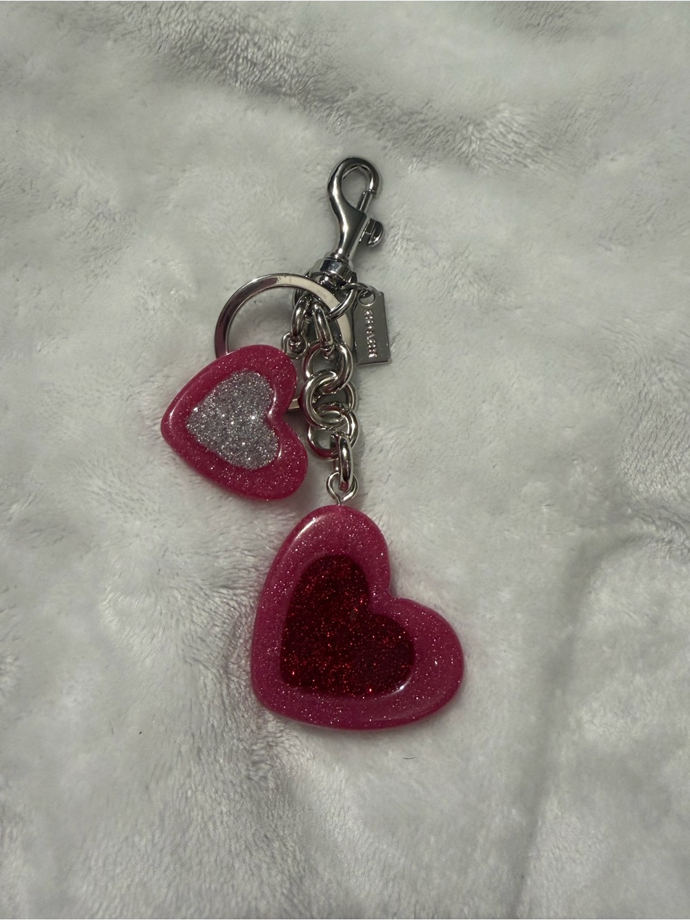 Heart Pink Glitter Double Heart Keychain Charm
